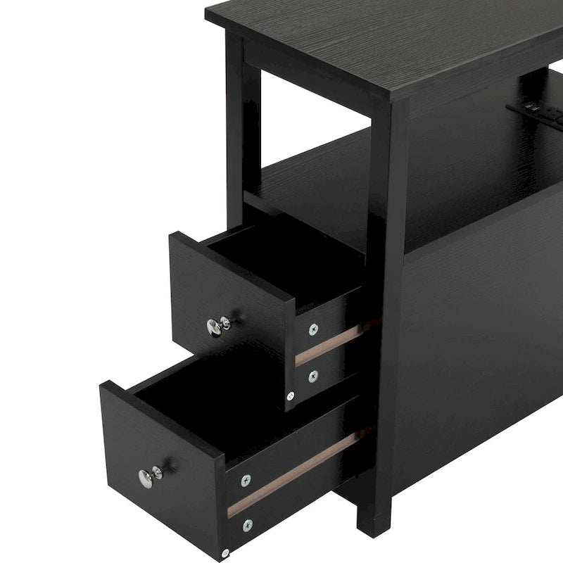 Tavolino da salotto con stazione di ricarica, tavolino laterale stretto per divano, comodino in legno, mobili per soggiorno e camera da letto, nero