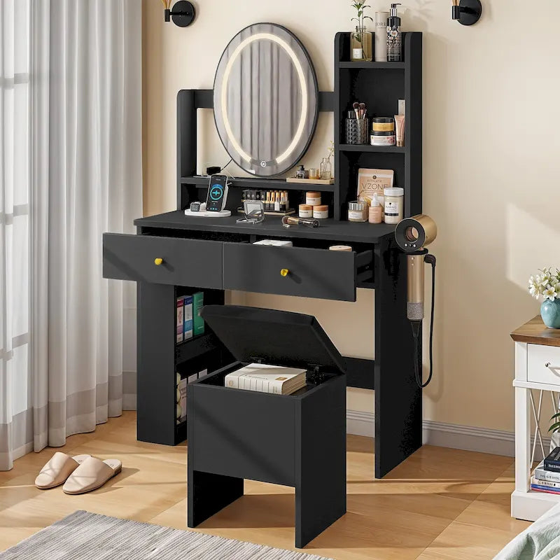 Set Trucco con Pouf Contenitore, Specchio con Luci LED e Stazione di Ricarica