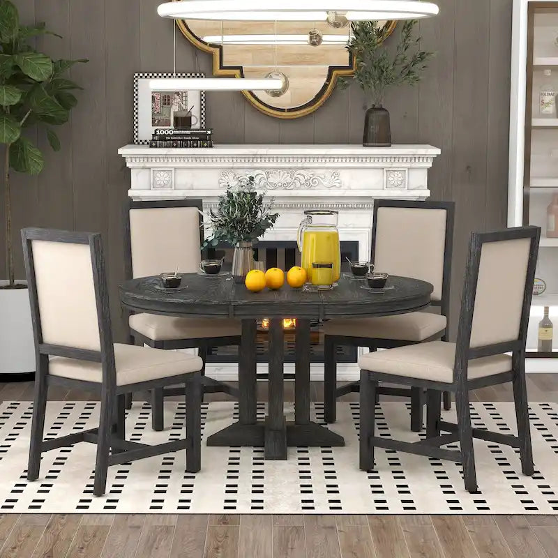 Set da pranzo in legno nero da 5 pezzi con tavolo rotondo allungabile e 4 sedie
