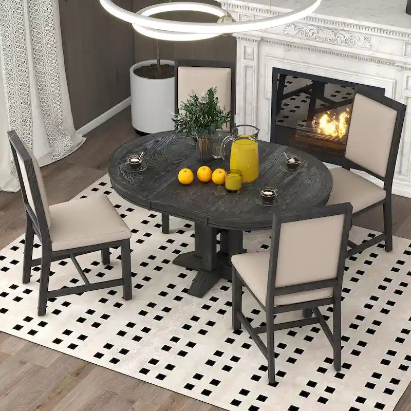 Set da pranzo in legno nero da 5 pezzi con tavolo rotondo allungabile e 4 sedie