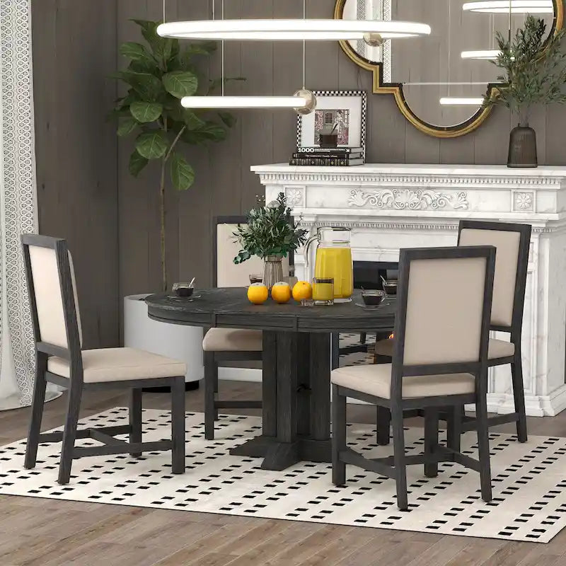 Set da pranzo in legno nero da 5 pezzi con tavolo rotondo allungabile e 4 sedie