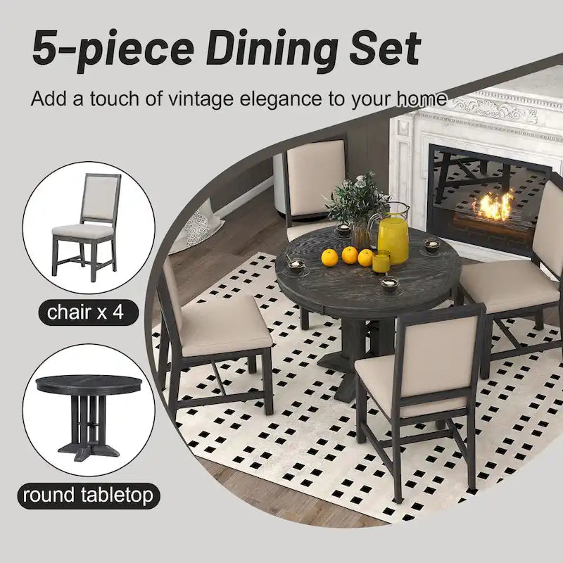 Set da pranzo in legno nero da 5 pezzi con tavolo rotondo allungabile e 4 sedie