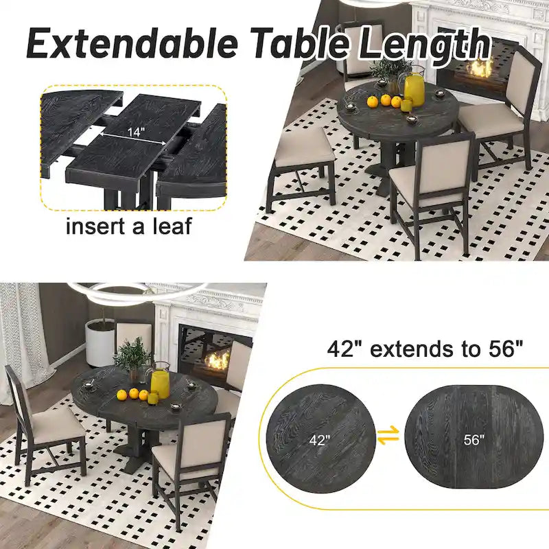 Set da pranzo in legno nero da 5 pezzi con tavolo rotondo allungabile e 4 sedie