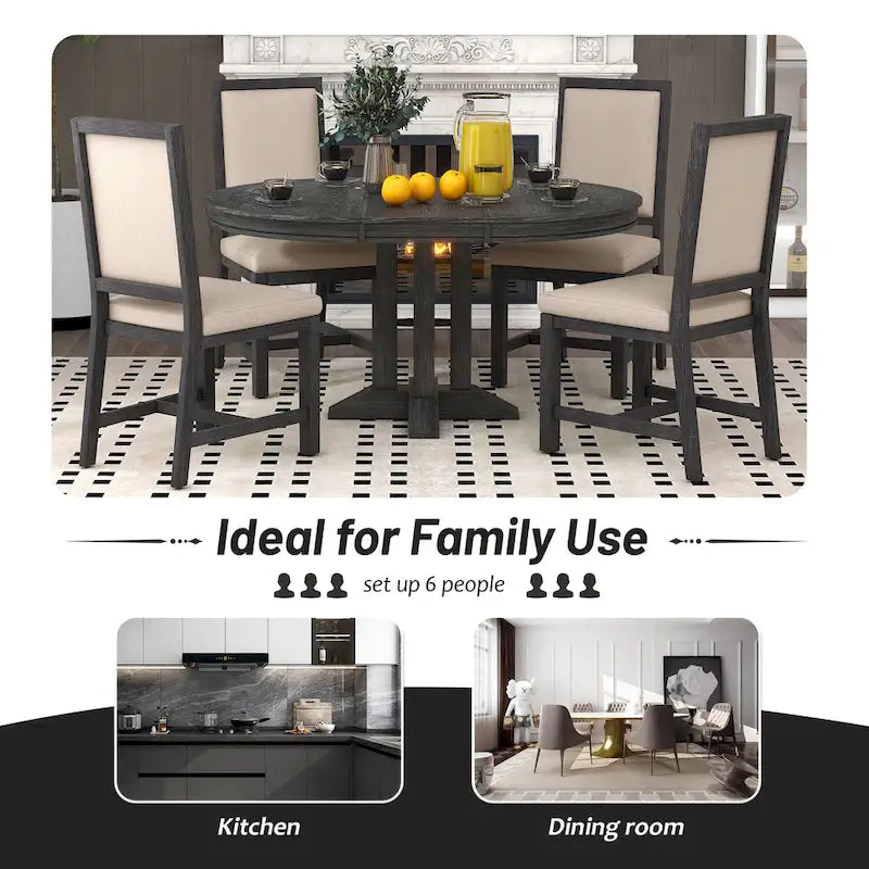 Set da pranzo in legno nero da 5 pezzi con tavolo rotondo allungabile e 4 sedie