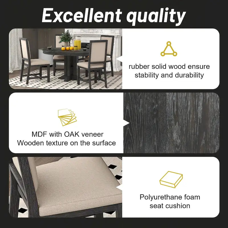 Set da pranzo in legno nero da 5 pezzi con tavolo rotondo allungabile e 4 sedie