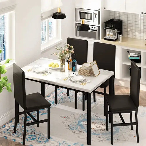 Set da pranzo di 5 pezzi con tavolo effetto marmo e 4 sedie imbottite in pelle PU
