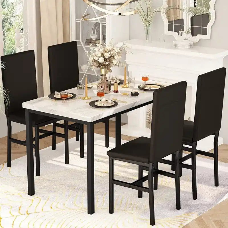 Set da pranzo di 5 pezzi con tavolo effetto marmo e 4 sedie imbottite in pelle PU