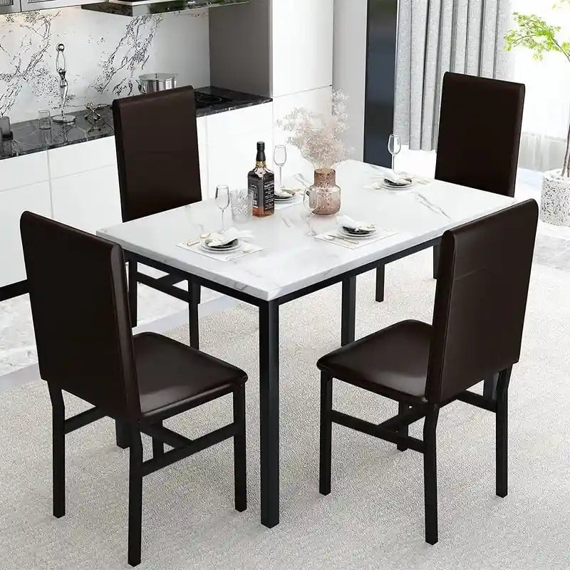 Set da pranzo di 5 pezzi con tavolo effetto marmo e 4 sedie imbottite in pelle PU