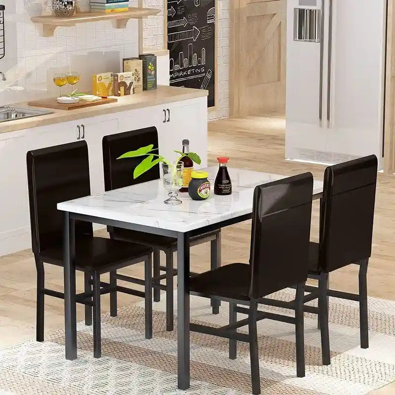 Set da pranzo di 5 pezzi con tavolo effetto marmo e 4 sedie imbottite in pelle PU
