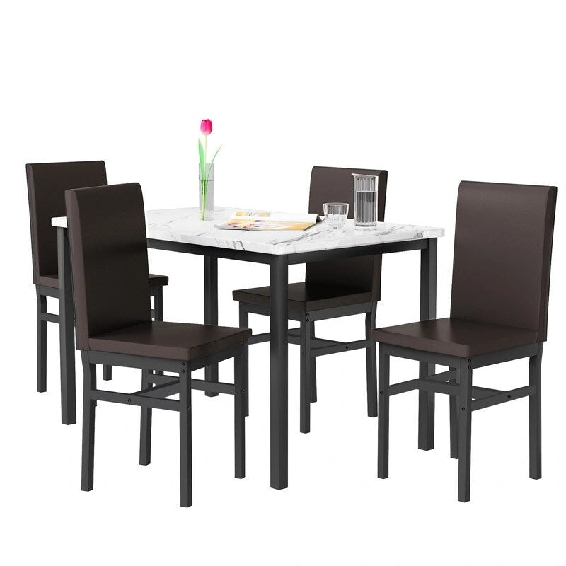 Set da pranzo di 5 pezzi con tavolo effetto marmo e 4 sedie imbottite in pelle PU