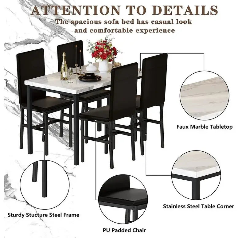 Set da pranzo di 5 pezzi con tavolo effetto marmo e 4 sedie imbottite in pelle PU