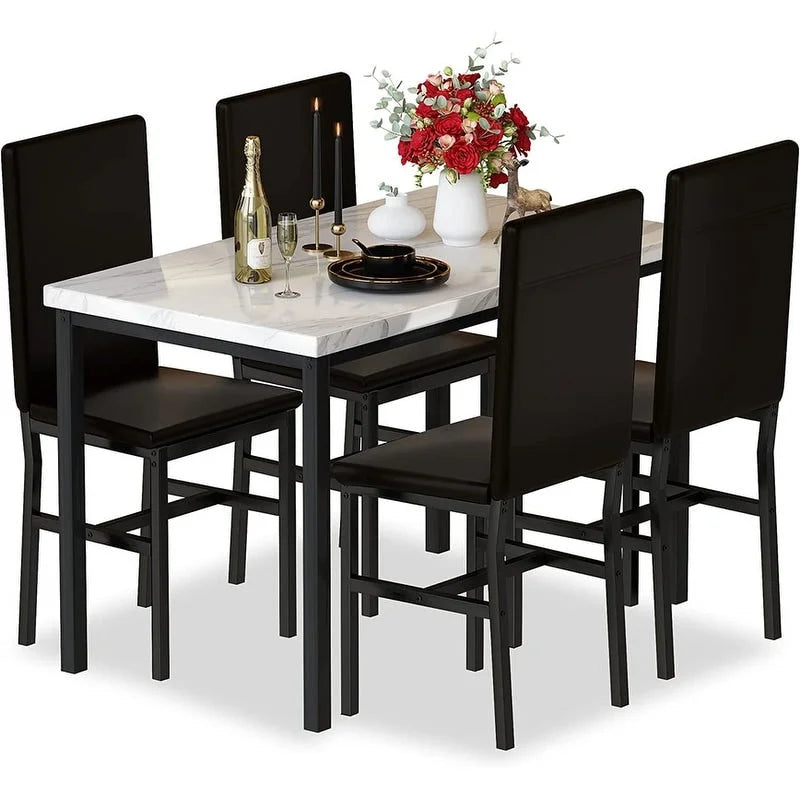 Set da pranzo di 5 pezzi con tavolo effetto marmo e 4 sedie imbottite in pelle PU