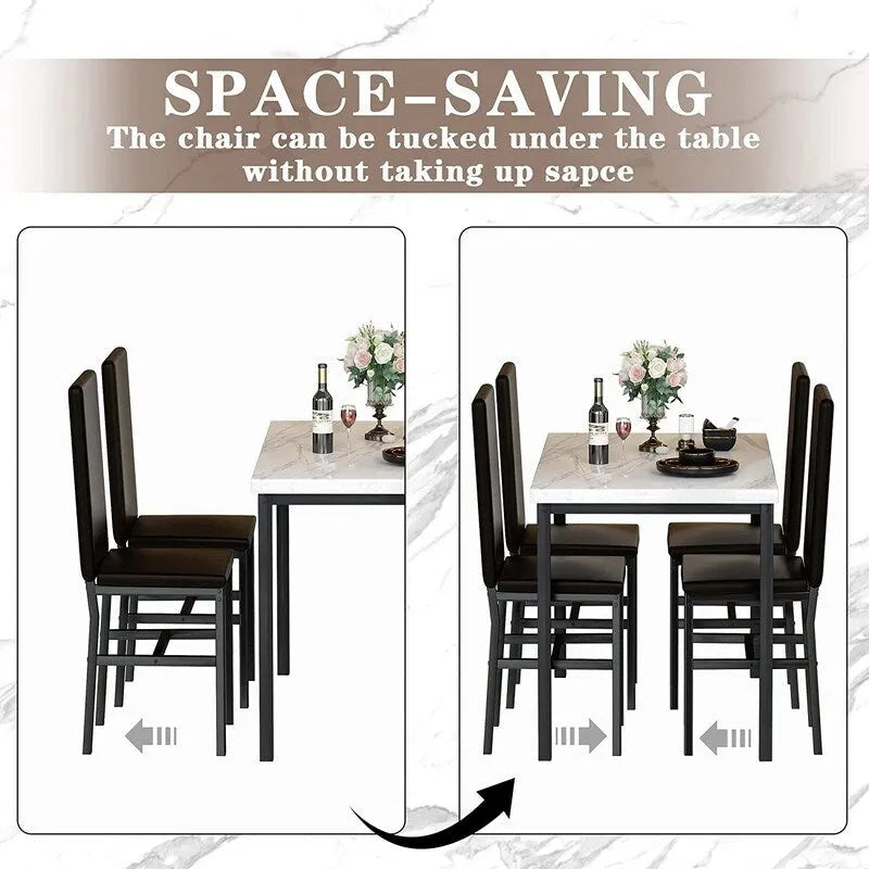 Set da pranzo di 5 pezzi con tavolo effetto marmo e 4 sedie imbottite in pelle PU