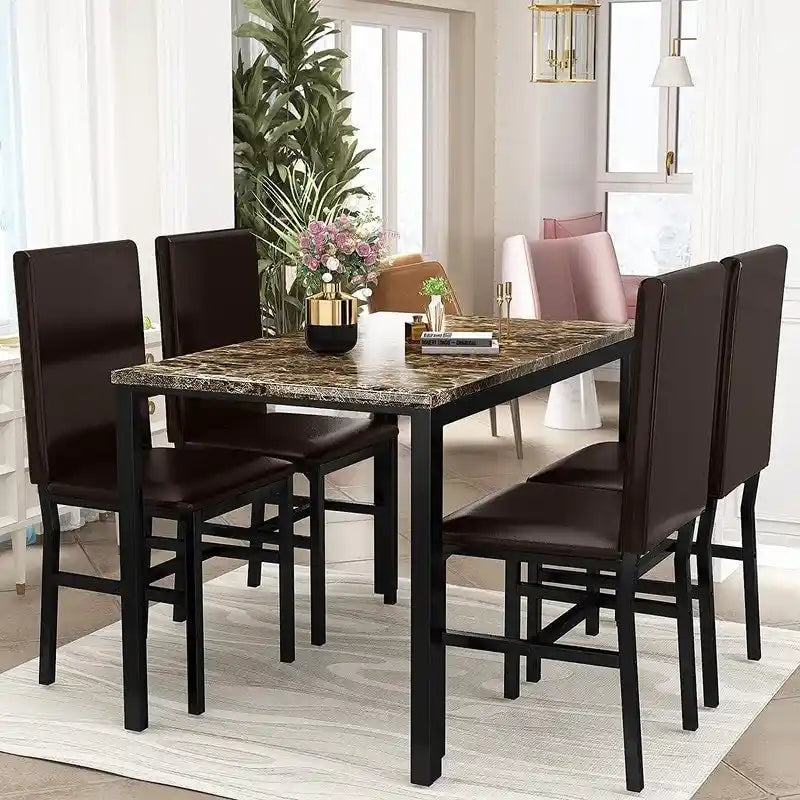 Set da pranzo di 5 pezzi con tavolo effetto marmo e 4 sedie imbottite in pelle PU
