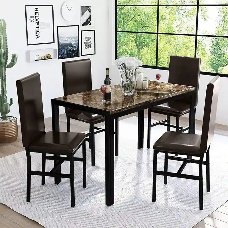 Set da pranzo di 5 pezzi con tavolo effetto marmo e 4 sedie imbottite in pelle PU