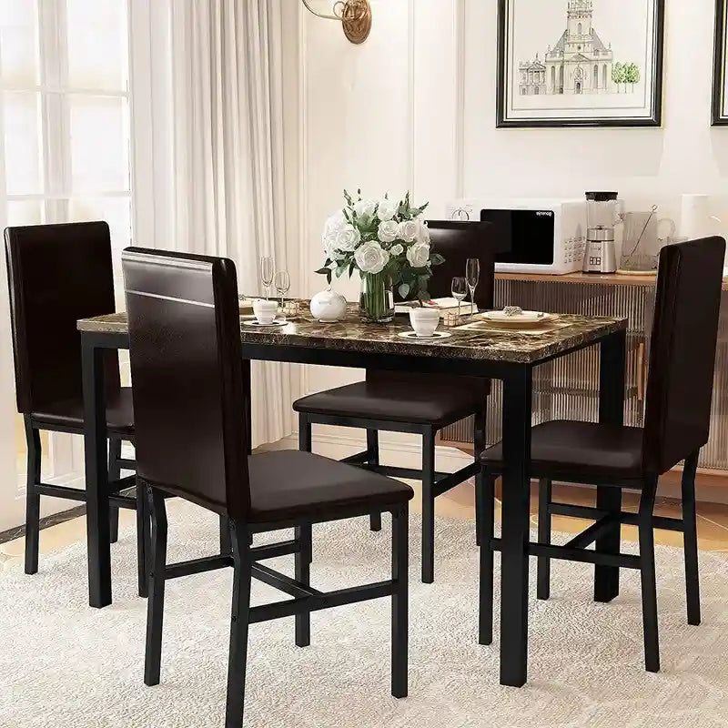 Set da pranzo di 5 pezzi con tavolo effetto marmo e 4 sedie imbottite in pelle PU