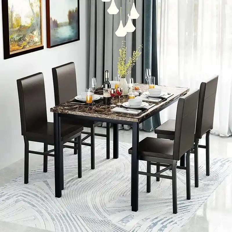 Set da pranzo di 5 pezzi con tavolo effetto marmo e 4 sedie imbottite in pelle PU