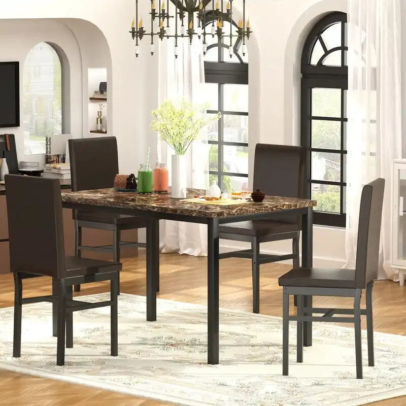 Set da pranzo di 5 pezzi con tavolo effetto marmo e 4 sedie imbottite in pelle PU