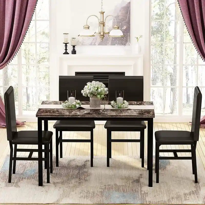Set da pranzo di 5 pezzi con tavolo effetto marmo e 4 sedie imbottite in pelle PU