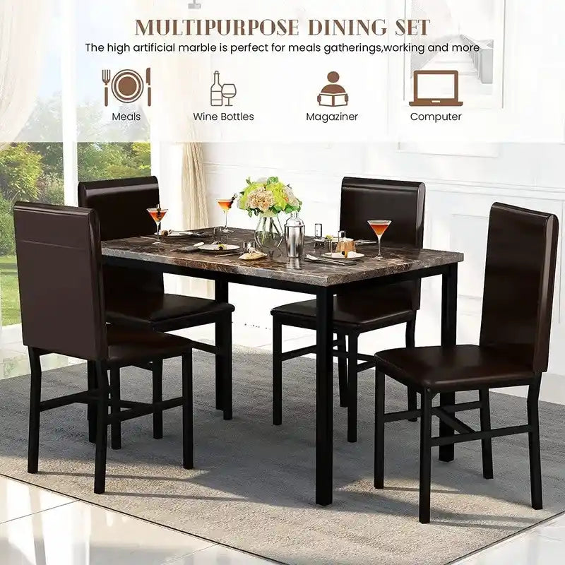 Set da pranzo di 5 pezzi con tavolo effetto marmo e 4 sedie imbottite in pelle PU