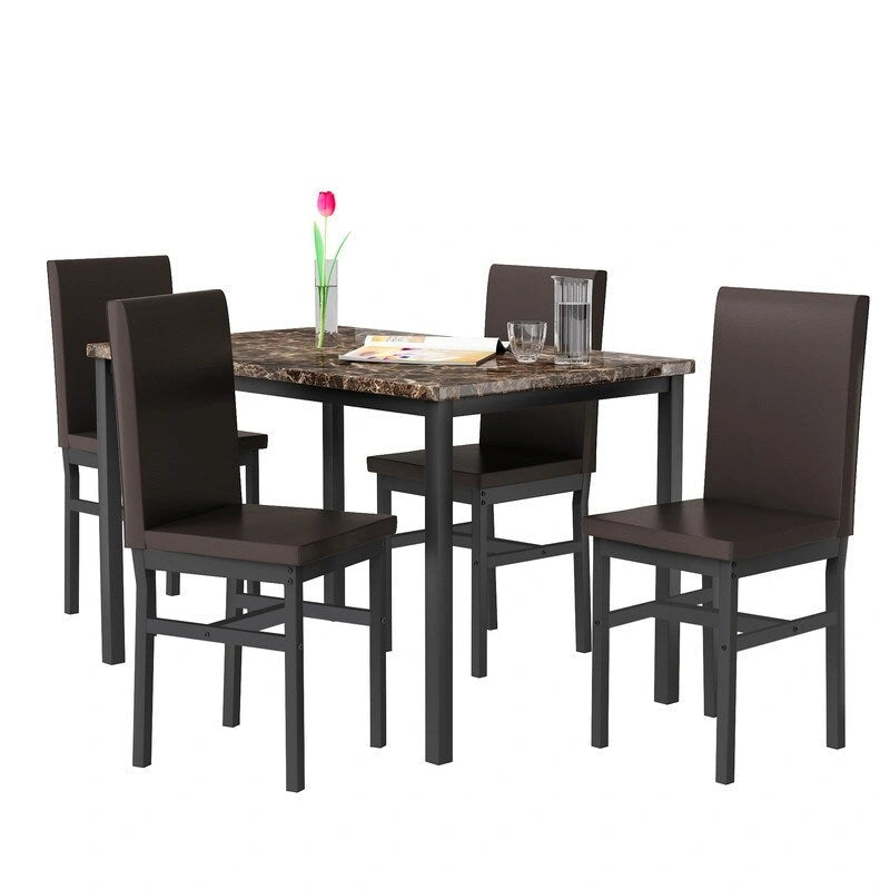 Set da pranzo di 5 pezzi con tavolo effetto marmo e 4 sedie imbottite in pelle PU