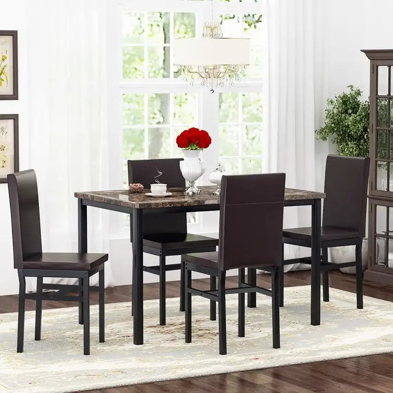 Set da pranzo di 5 pezzi con tavolo effetto marmo e 4 sedie imbottite in pelle PU