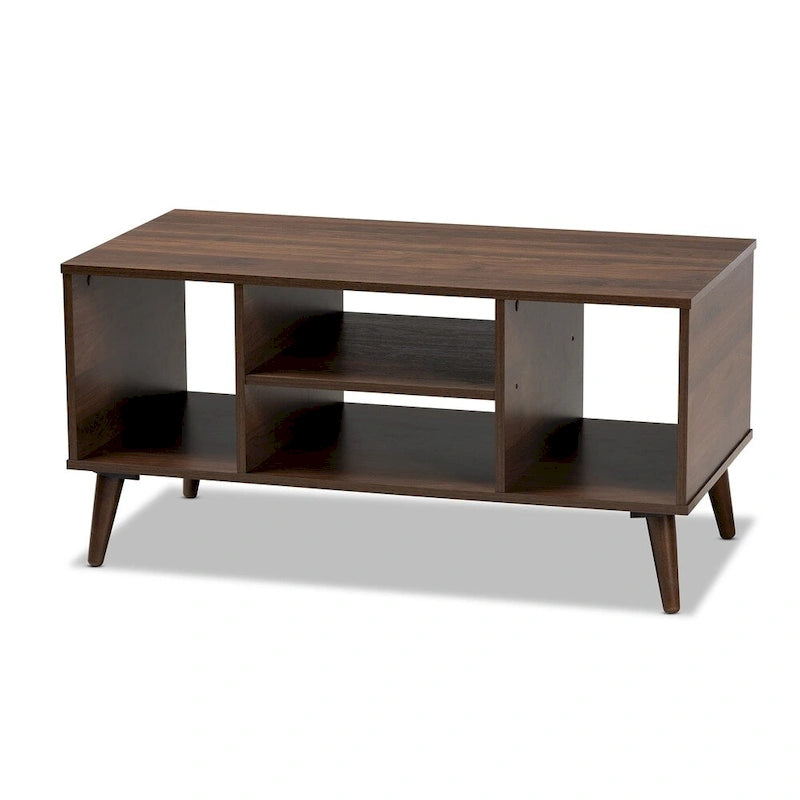 Tavolino da Caffè in Noce con Finitura Mid-Century Modern con 4 Ripiani Aperti