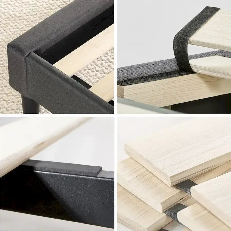 Letto a piattaforma imbottito in grigio scuro con cuciture a diamante