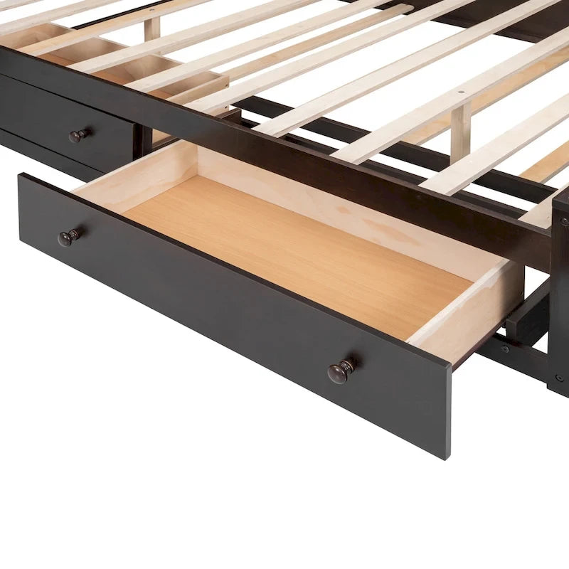 Letto matrimoniale in legno con armadio, mensola e prese integrate, color espresso