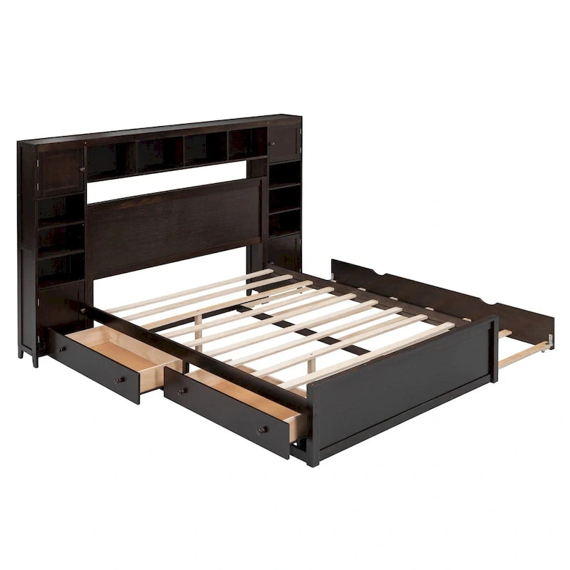 Letto matrimoniale in legno con armadio, mensola e prese integrate, color espresso