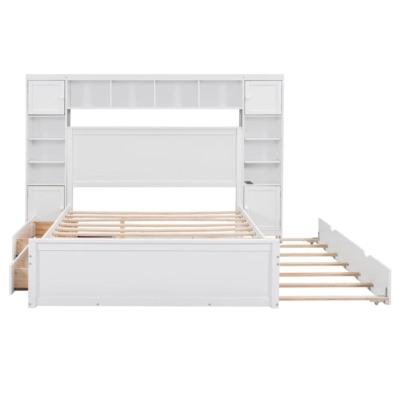 Letto matrimoniale in legno con armadio, mensola e prese integrate, color espresso