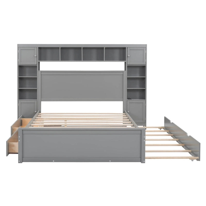 Letto matrimoniale in legno con armadio, mensola e prese integrate, color espresso
