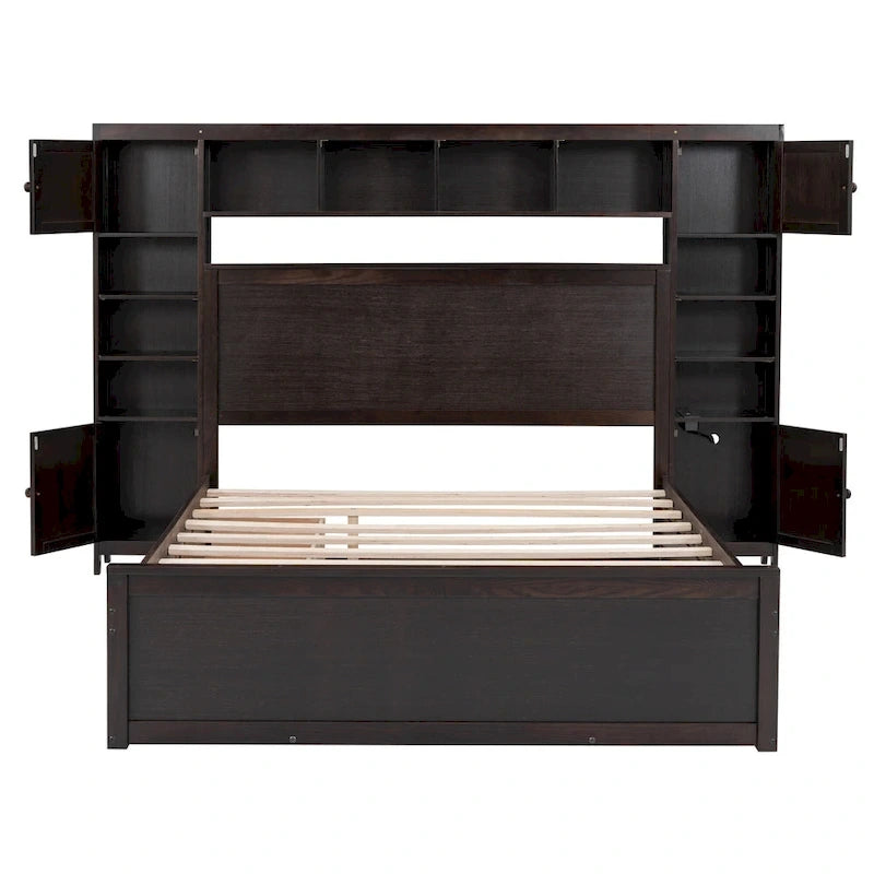 Letto matrimoniale in legno con armadio, mensola e prese integrate, color espresso