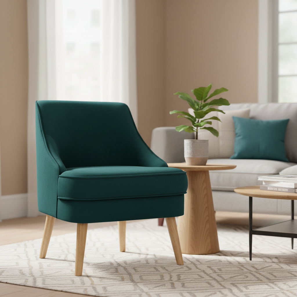 Velvet Upholstered Accent Chair with Rubber Wood Legs - 27 x 25 x 30 (L x W x H)