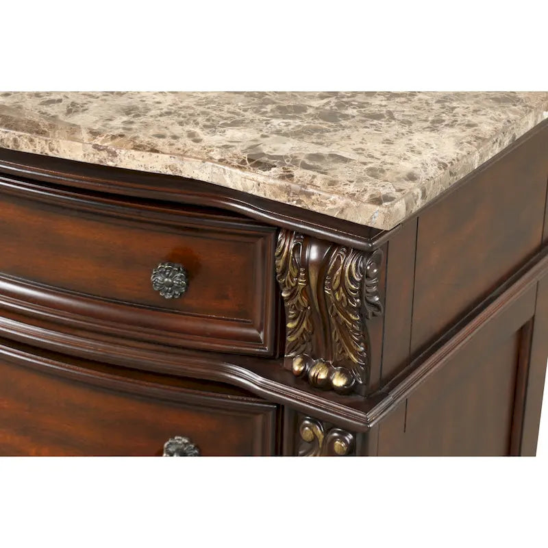Cassettone classico tradizionale con piano in marmo e maniglie in bronzo