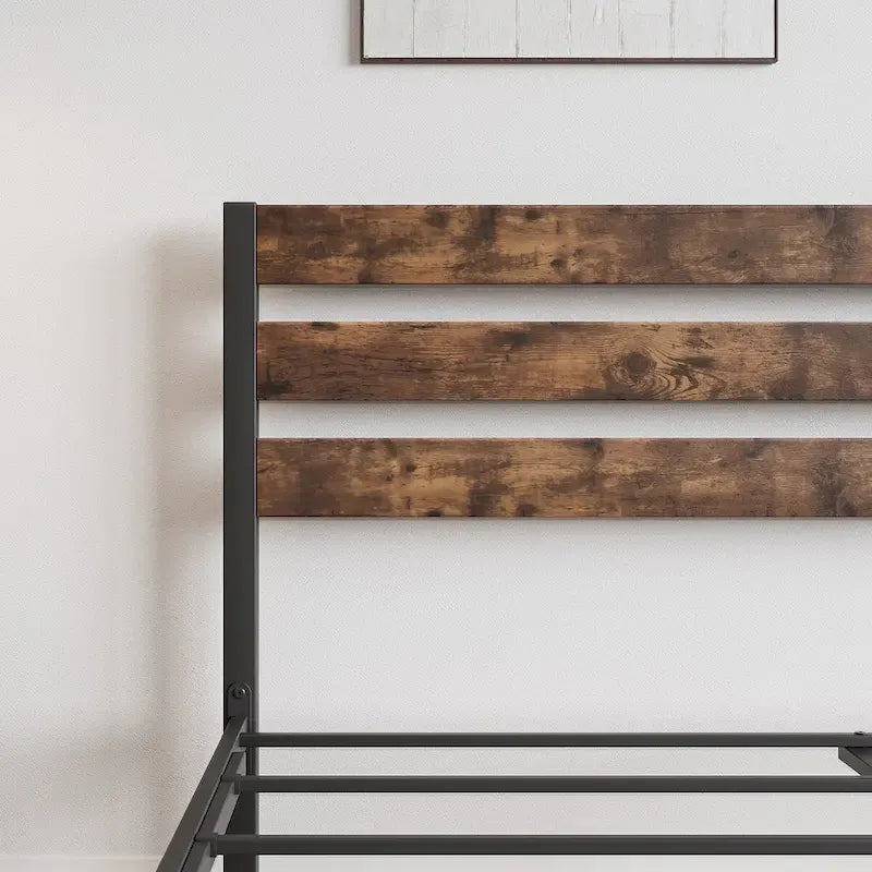 Base per letto a piattaforma Queen Size con testiera rustica vintage in legno, robusto supporto a doghe in metallo per materasso