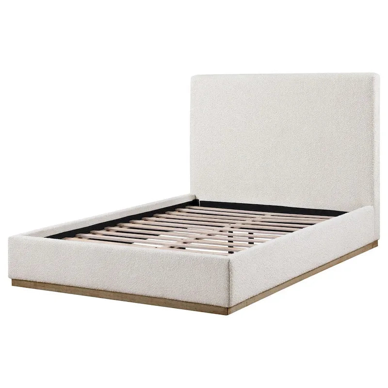 Letto King Size, Testiera a Pannello Imbottita, Base a Zoccolo Dorata, Avorio