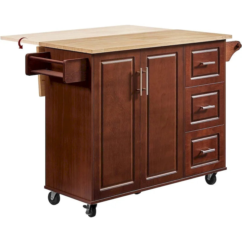 Carrello da Cucina con Isola 54, Tavolo da Cucina in Legno con 3 Cassetti e Portaspezie