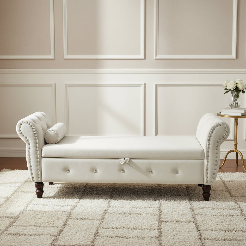 63.4 in. Velvet Bedroom Bench with Solid Wood Legs & 1 Pillow Nail Storage Ottoman Bench with Armrest Crystal Buckle