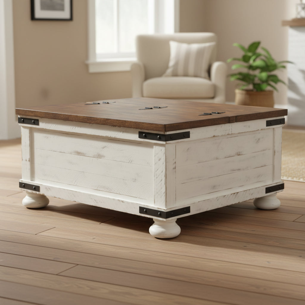 Farmhouse Two Tone Cocktail Table with Lift Top Storage, Brown and White