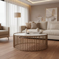 Round Slated Metal Coffee Table with Faux Marble Tray Top, Gold and White