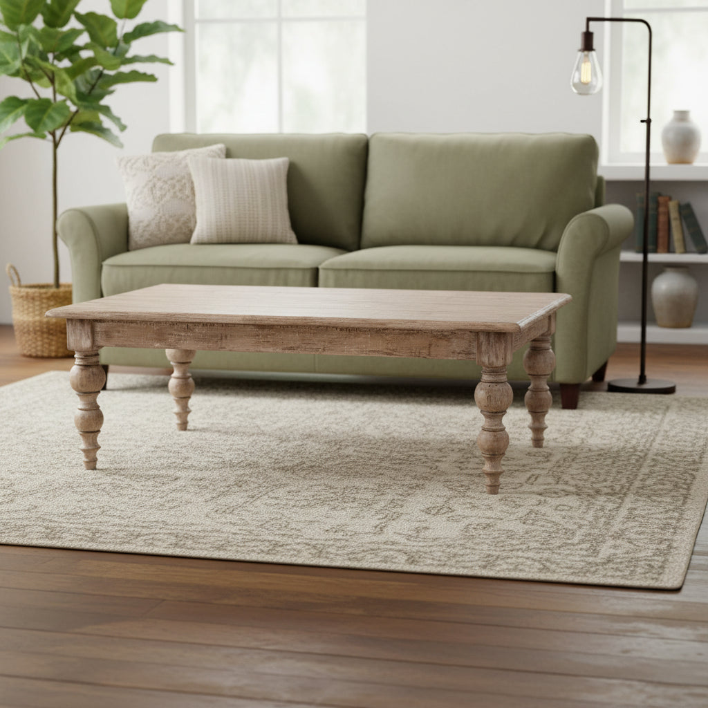 Zuri 54-inch Rectangular Reclaimed Pine Coffee Table with Carved Four Poster Legs Finished in an Antique Seal