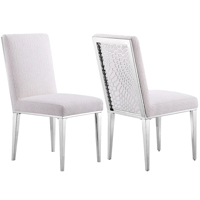 Lussuose sedie da pranzo in bouclé bianco con gambe a specchio in metallo argentato