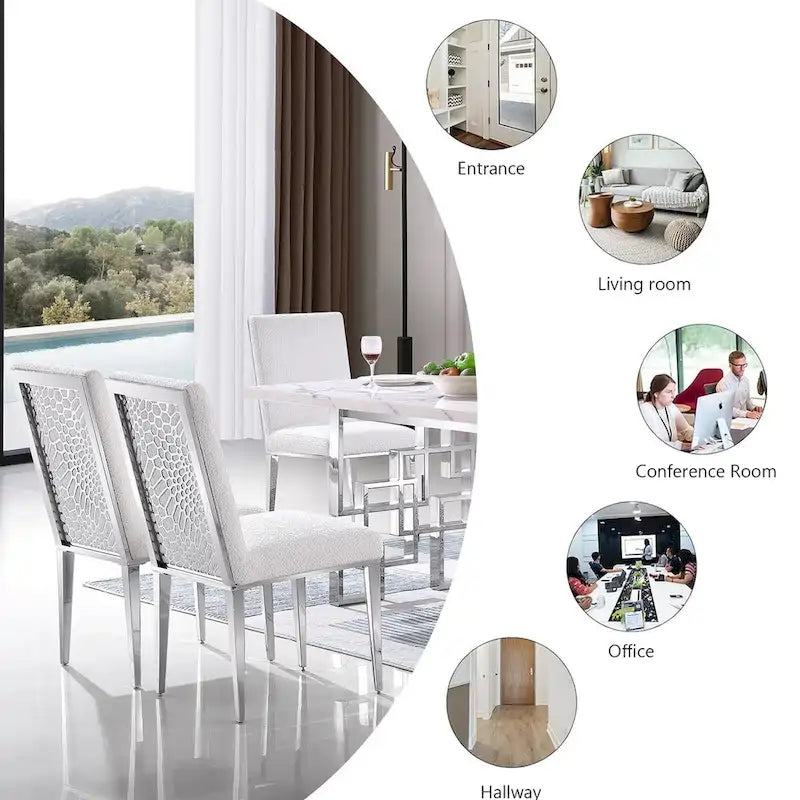 Lussuose sedie da pranzo in bouclé bianco con gambe a specchio in metallo argentato