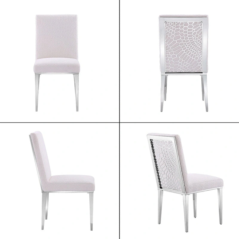 Lussuose sedie da pranzo in bouclé bianco con gambe a specchio in metallo argentato