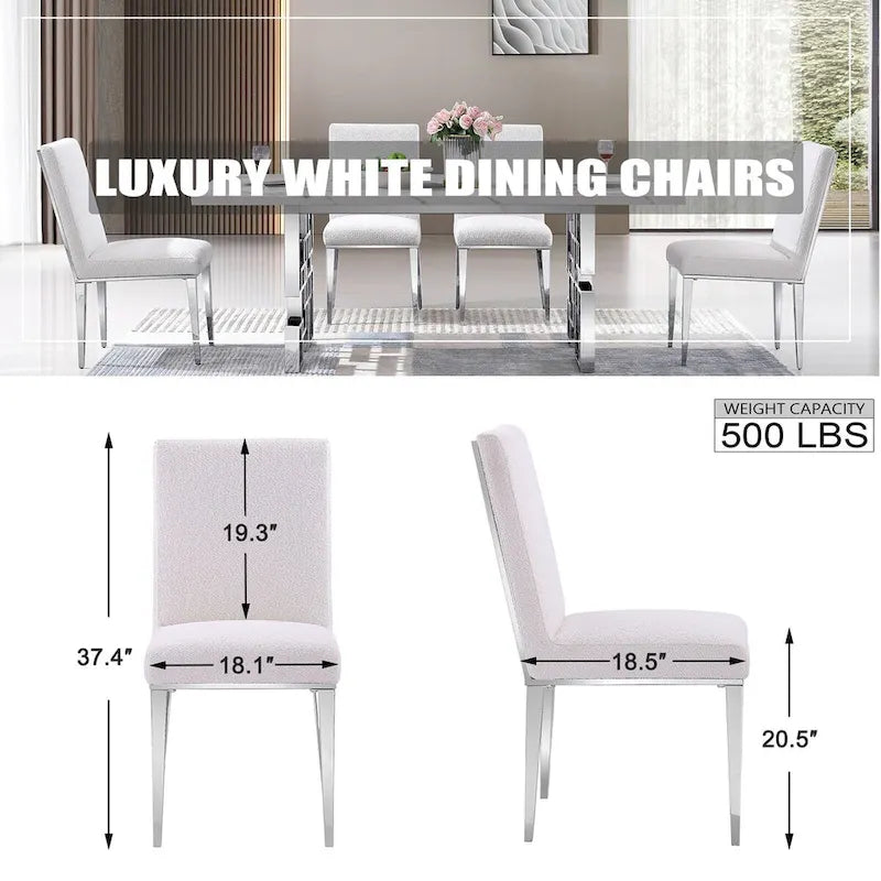 Lussuose sedie da pranzo in bouclé bianco con gambe a specchio in metallo argentato